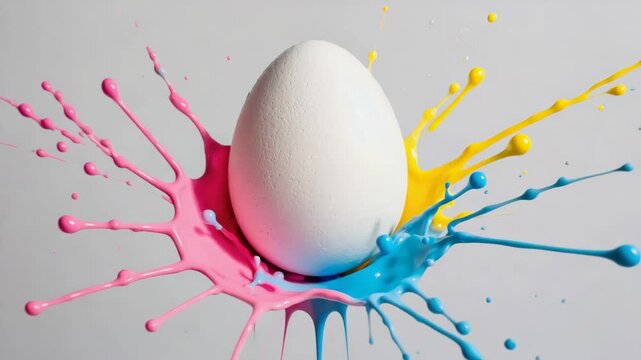 Creative concept of a white egg with vibrant pink blue and yellow paint splashing. Dynamic abstract art for an easter holiday celebration or artistic project inspiration