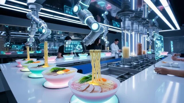Robotic food preparation futuristic concept with noodles bowls