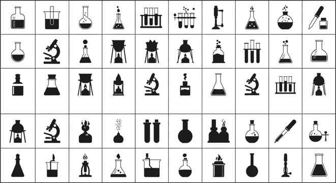Laboratory equipment icons science symbols beakers test tubes microscope science tools on white background