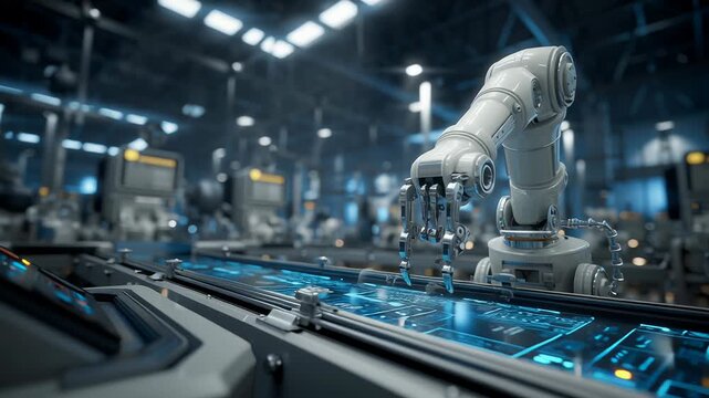 A silver robotic arm operating on a production line inside a futuristic factory. The environment features conveyor belts, digital control panels, and subtle blue lighting. The robotic arm appears high