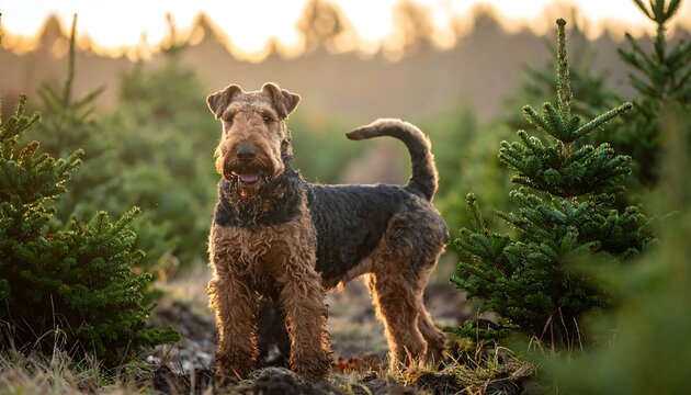 Airedale Terrier Dog Standing in a Forest at Sunset.