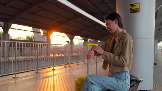 Beautiful asian businesswoman waits with yellow luggage on a station platform at sunrise, anticipating her early morning commute during the beautiful golden hour. Business travel and public transport.