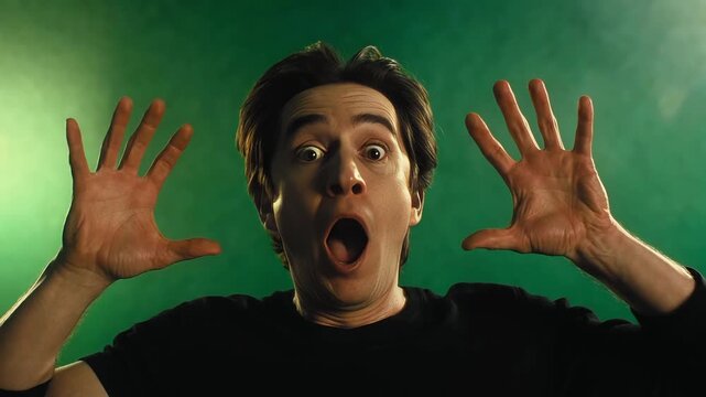 Man expresses shock with hands up in front of green background