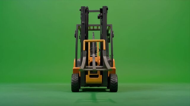 Front view forklift lifting forks on green screen.