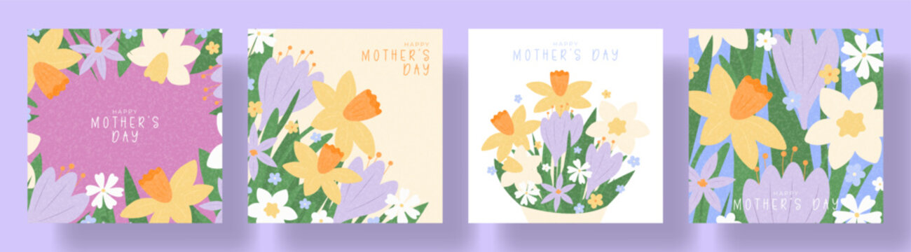Happy Mother's Day Spring cards. Spring backgrounds set with spring wildflowers: crocuses, chamomile, narcissus. Vector banners for nature-inspired design of event, ads, branding, cover, card, sale.