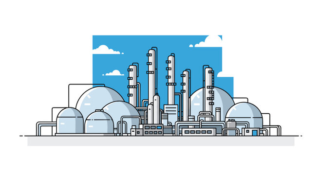 A large industrial refinery with tall columns and storage tanks is under a blue sky.