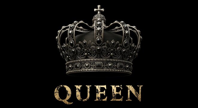 A crown with the word queen on a black background