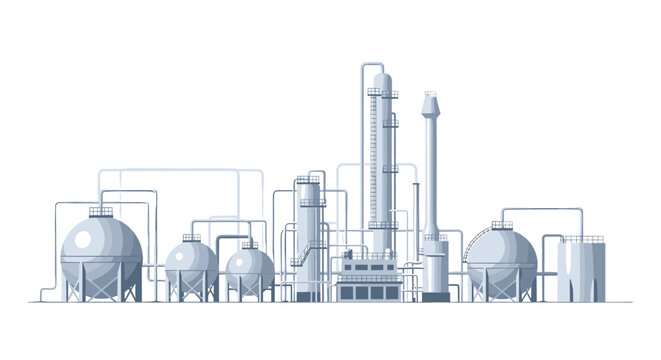 A monochromatic industrial complex with processing towers and storage containers is on a white background.