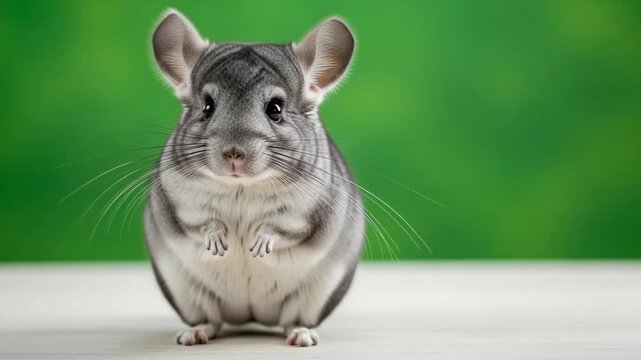 Cute grey chinchilla sitting on a white surface with a green background looking at the camera