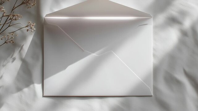 A top-down flat lay of an open white envelope with a blank card beside it, styled with soft natural lighting and subtle shadows, creating a clean and modern stationery design, ideal for wedding 