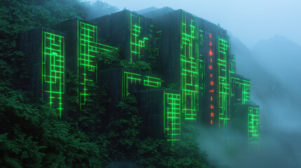 Obraz premium Mysterious ancient temple emerges from mist, featuring intricate green neon patterns on dark stone, surrounded by lush greenery
