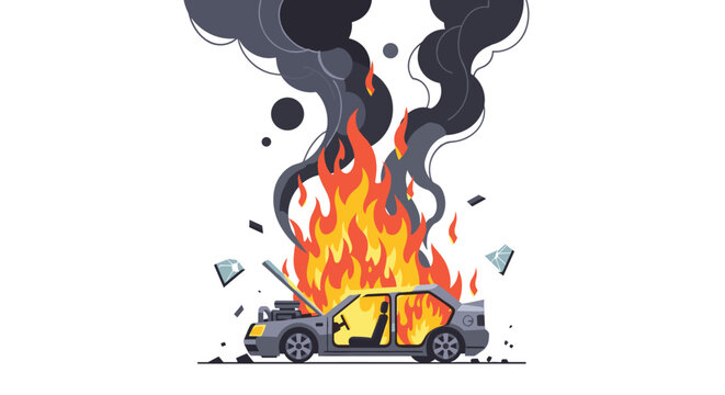 A grey car is heavily damaged and burning with its hood open, surrounded by shattered glass and black smoke.