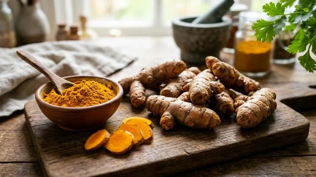Organic turmeric root rhizomes with ground orange powder in a wooden bowl on a rustic kitchen cutting board