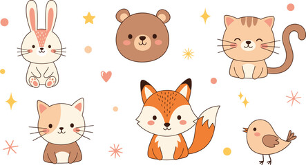 Obraz premium Cute animal faces set with rabbit, bear, cat, fox and bird, adorable cartoon characters for kids design vector illustration collection