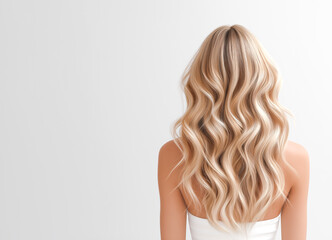 Fototapeta premium Rear view of woman with long wavy blonde hair on white background, professional hair coloring and styling concept