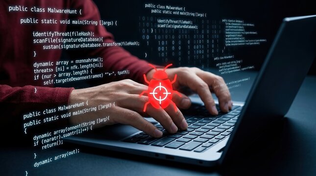 malware detection, cybersecurity, software bug, hacker, computer virus, coding, cyber attack, software developer typing on laptop with digital overlays of malware hunt code and red bug.