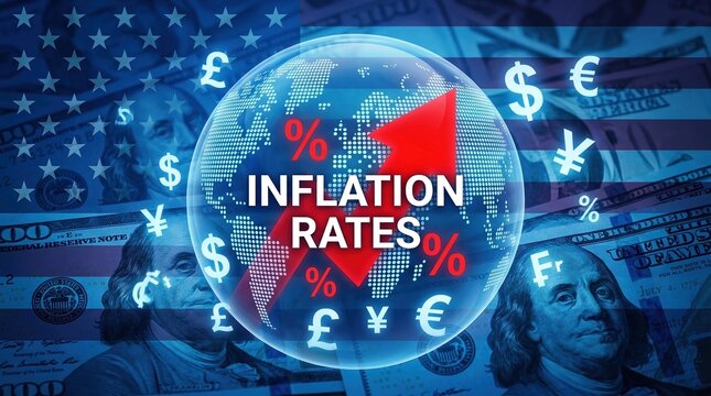 inflation rates economy global finance rising business concept with red upward arrow and currency symbols on world globe background for financial markets and economic news.