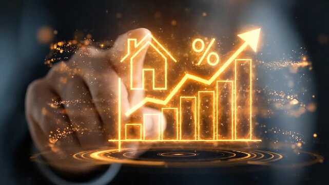 Real Estate Growth: A person interacts with an animated graphic symbolizing the upward trajectory of the real estate market, illustrating property value appreciation and financial success.