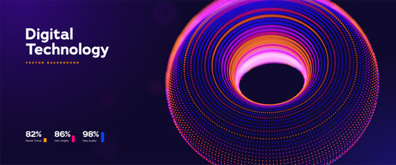 Fototapeta na wymiar Digital Technology Background With Glowing Neon Torus, Vibrant Dotted Ring, And Futuristic Light Flow On Dark Gradient. Abstract Technology Forms. Vector Illustration.
