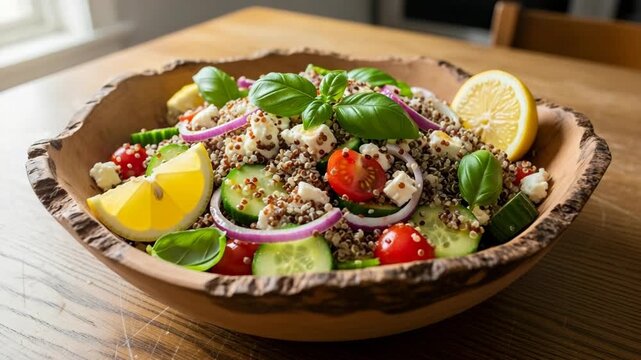 Fresh Mediterranean quinoa salad with cucumber cherry tomatoes red onion feta cheese and lemon in a rustic wooden bowl