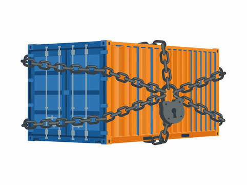 Economic blockade concept: Two shipping containers chained together and secured with a large padlock, symbolizing trade restrictions, import/export control, and financial sanctions.