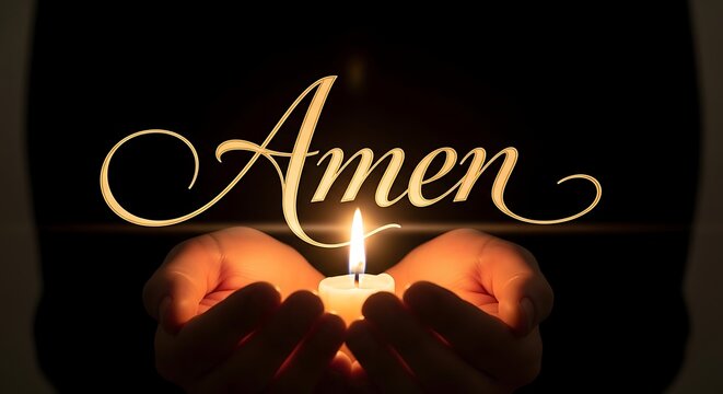A candle held in cupped hands glowing warmly against a dark backdrop with amen script