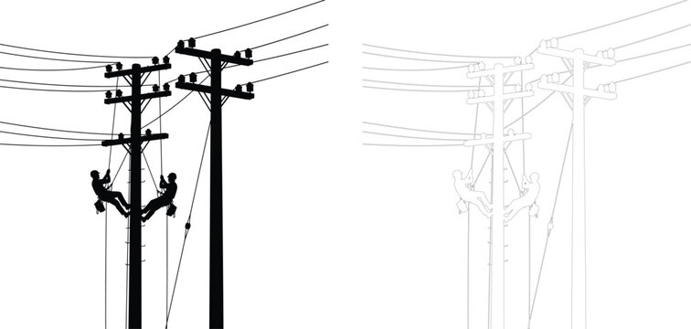 Electric Line Workers Silhouette Linemen Repairing Power Poles Utility Maintenance Vector Illustration