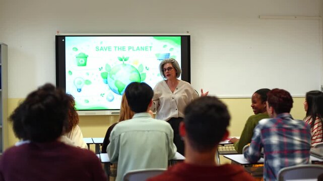 Teacher lecturing high school students about saving the planet