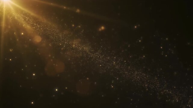 Golden particles drifting across dark space with warm sun flare.