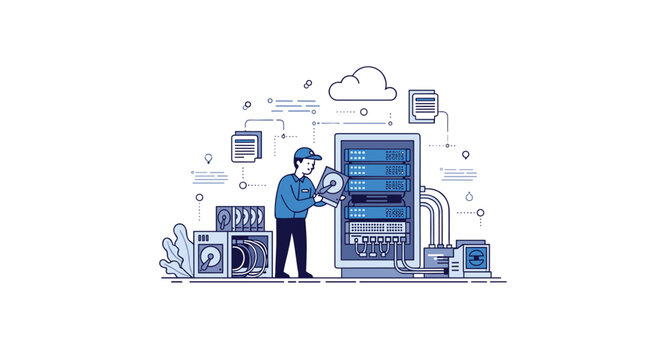A man in a blue uniform holds a hard drive while working on a server rack with cables and data icons.