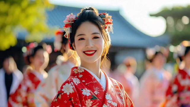 Smiling Japanese Woman in Traditional Red Kimono with Hair Ornaments at Festival