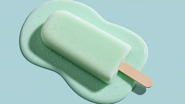 A mint green popsicle with a wooden stick placed on a clean pastel background, soft lighting highlighting the smooth frozen texture and refreshing color, minimal composition with subtle shadows