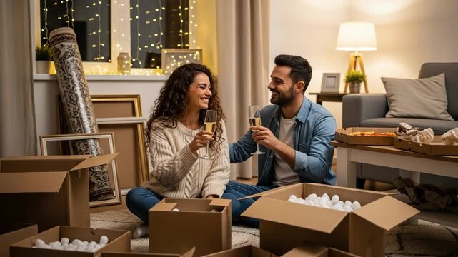 Smiling young couple celebrating moving into new home with champagne toast and pizza among cardboard boxes