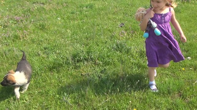 Child Running with Dogs, Girl Walking and Playing with Puppies, Children Love Animals, Pets
