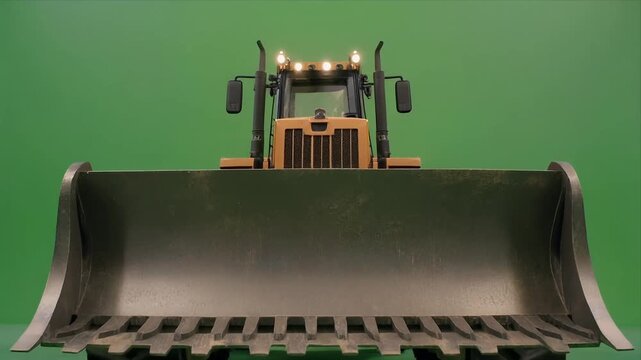 Heavy wheel loader driving forward on green screen.