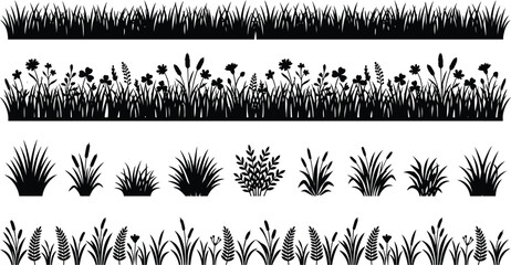 Grass silhouettes border set wild plants nature decorative vector illustration © MD. MASUD R ANA