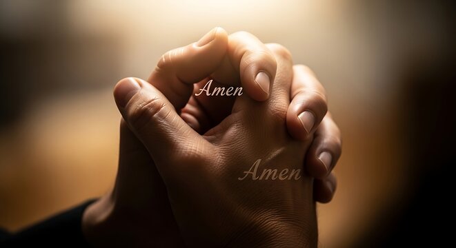 Close up of praying hands illuminated with amen in spiritual gesture