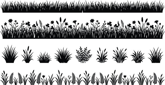 Grass silhouettes border set wild plants nature decorative vector illustration