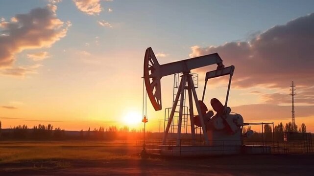 Oil Pump Jack Against Sunset: A silhouette of an oil pump jack diligently extracts resources, silhouetted against a radiant sunset that paints the sky with warm hues.