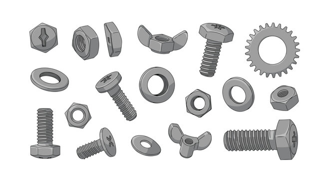 A scattered assortment of eighteen silver-gray metal fasteners, including bolts, nuts, and a cogwheel, is arranged on a white background.