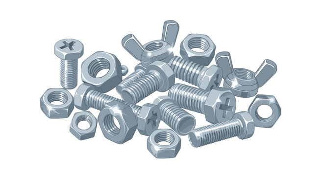 A dense pile of twenty-three silver metal fasteners, including bolts, nuts, and wing nuts, is mounded centrally on a white background.