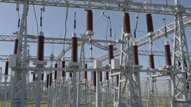 High voltage electrical substation switchyard with insulators and conductors.