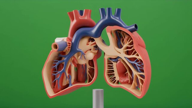 Human heart anatomy model cross section on green background.