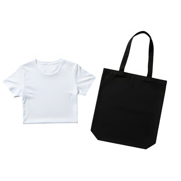 White t-shirt and black tote bag on white background isolated on transparent background