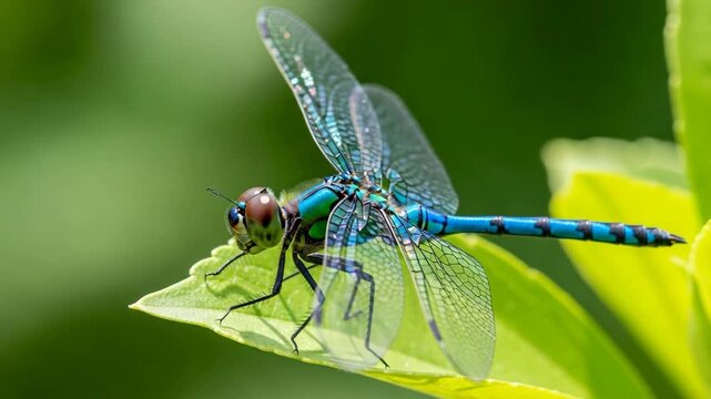 Vibrant blue and green dragonfly resting on a bright green leaf in a summer garden with a soft bokeh background