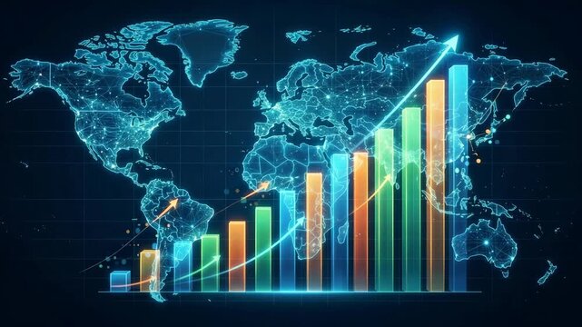 Futuristic digital world map featuring a colorful rising bar graph with arrows showing global economic growth