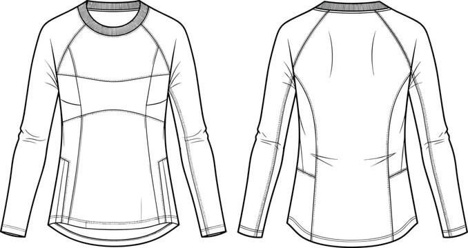 Technical Fashion Flat Sketch of a Women Performance Long Sleeve Raglan Shirt Vector Template with Front and Back View for Activewear