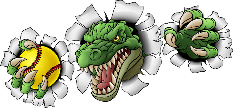 An alligator, crocodile or dinosaur softball or baseball animal sports mascot holding a ball in his claw