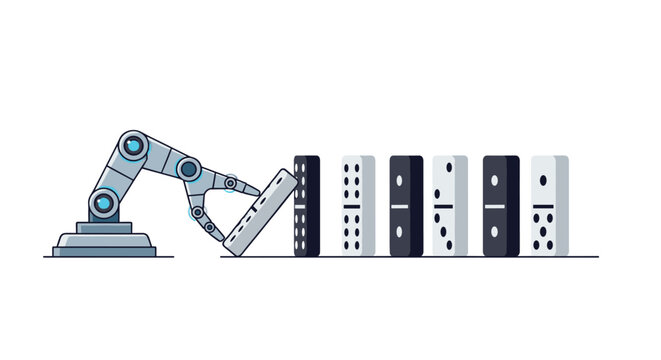 A robotic arm is pushing over the first domino in a line, initiating a chain reaction on a white background.