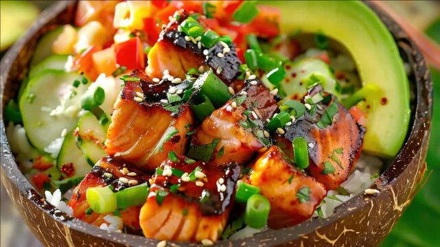 Sushi Salad with Tuna, Avocado, Chili Pepper and Vegetables - Fish Bowl Dish